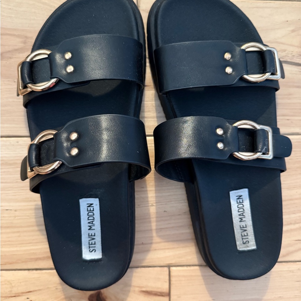 Steve Madden Hanni Black Double Buckle Slides